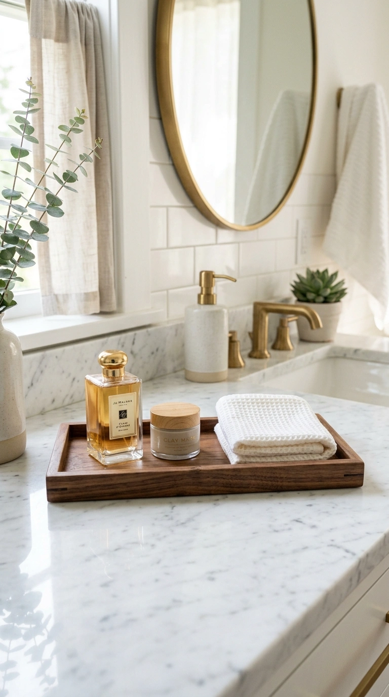 013 Vanity Tray Set A bathroom counter with a wood van