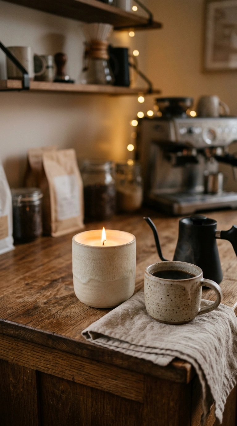 014 A home coffee bar with a soft candle glowing in a