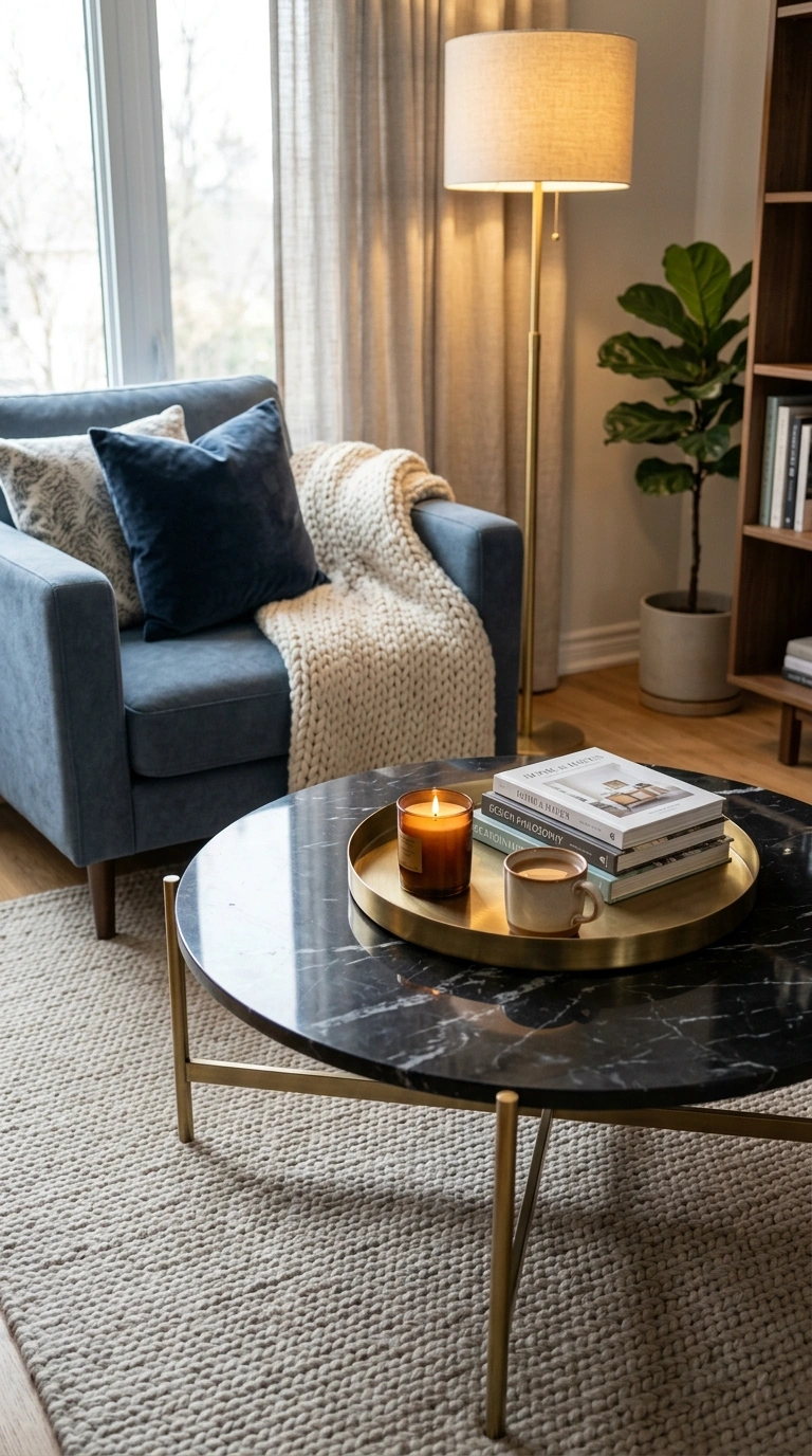 014 A living room vignette pairing a black marble coff