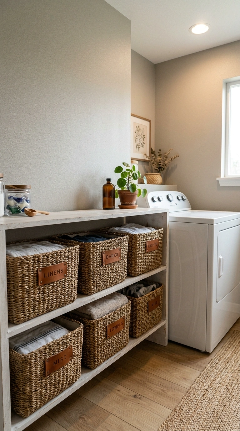 014 A low open shelf holding a row of seagrass baskets