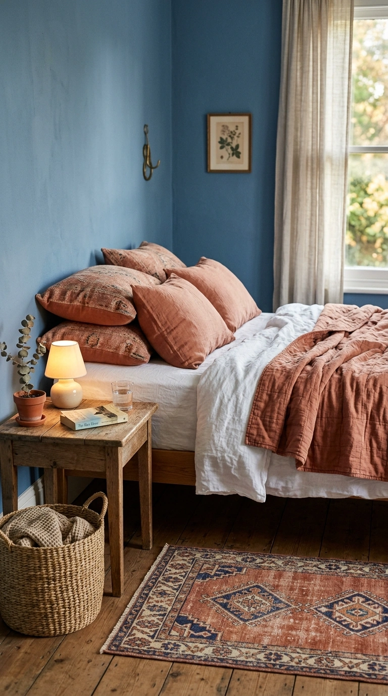 014 A relaxed bedroom with chalky matte denim blue wal