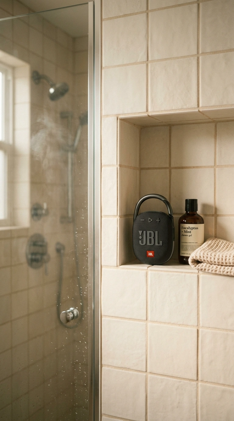 014 A small bathroom shelf niche holding a compact wat