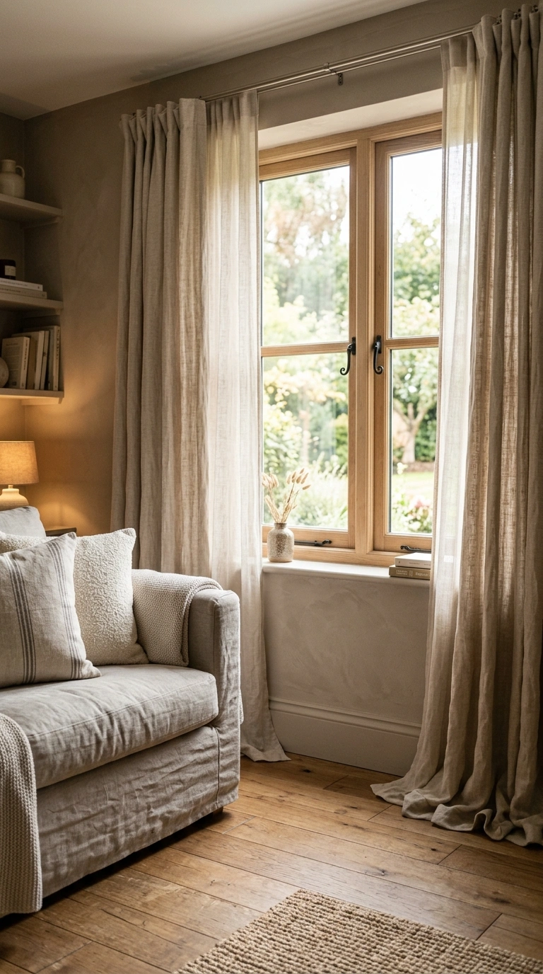 014 A taupe living room window dressed with natural li
