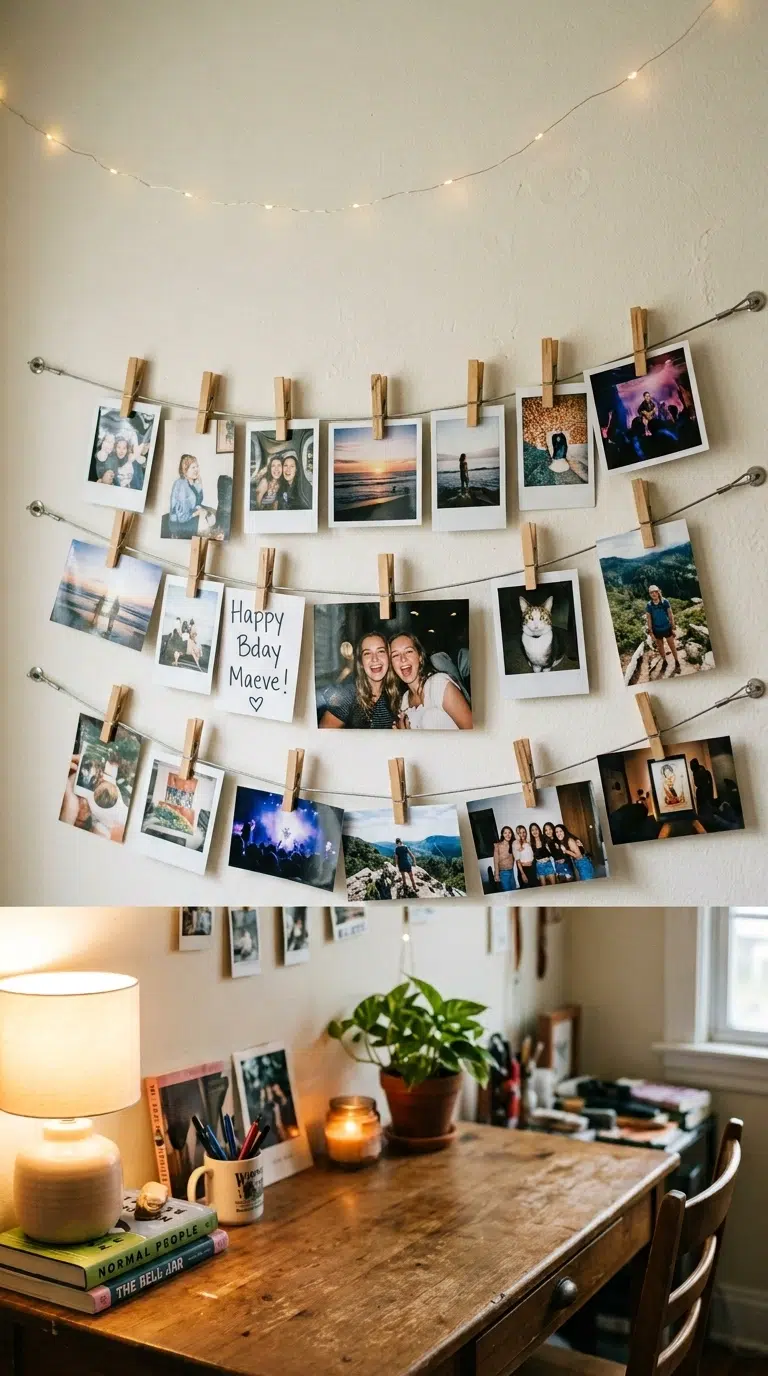 014 A teen bedroom wall with a wire and clothespin pho