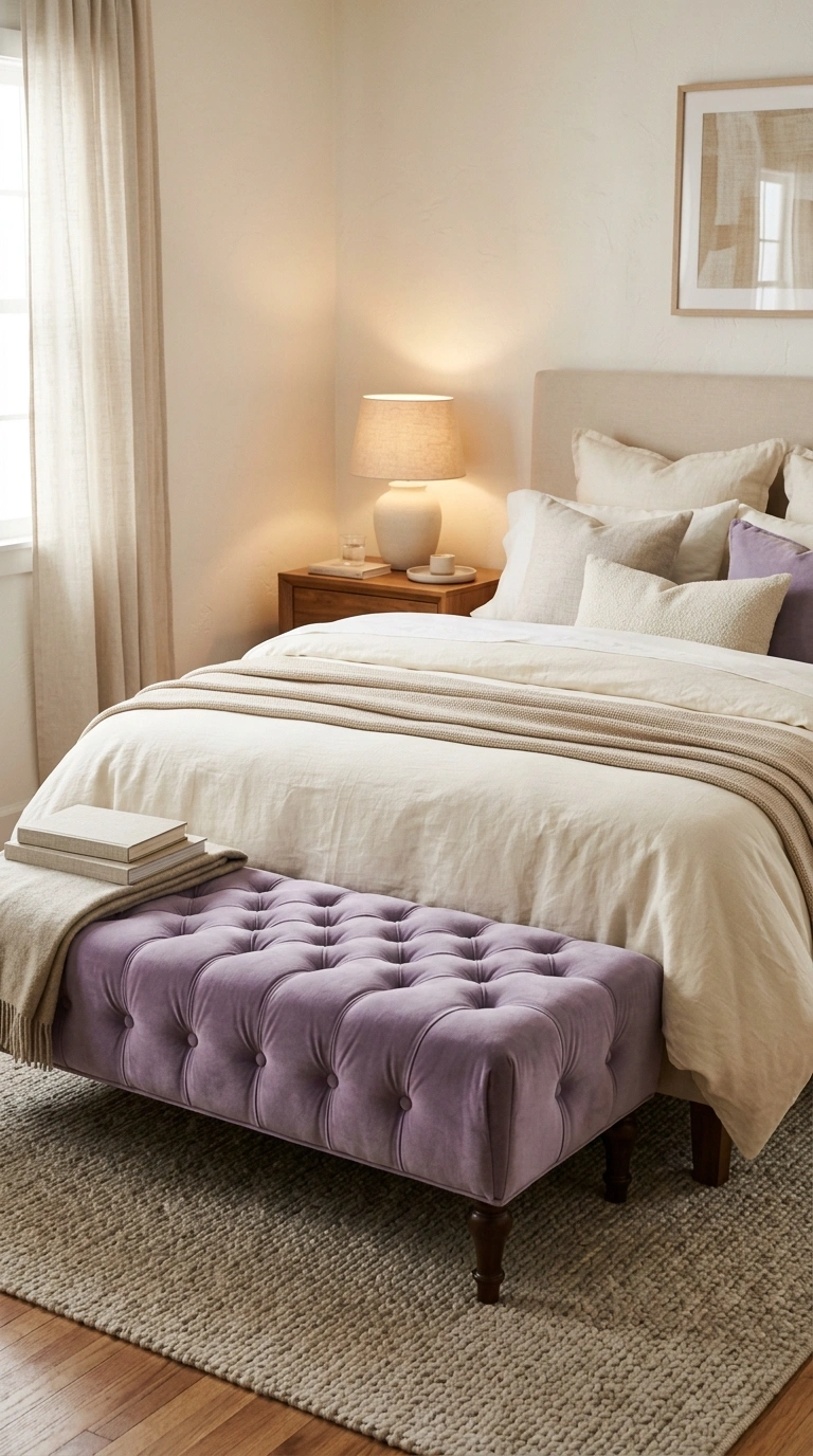 014 A tufted lavender velvet bench placed at the foot