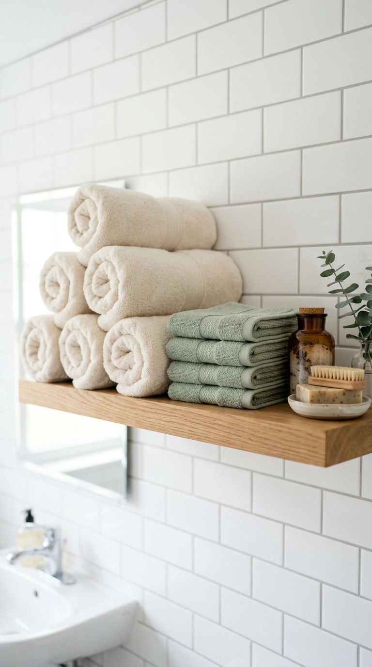 014 Plush Bath Towels A bathroom shelf with neatly rol