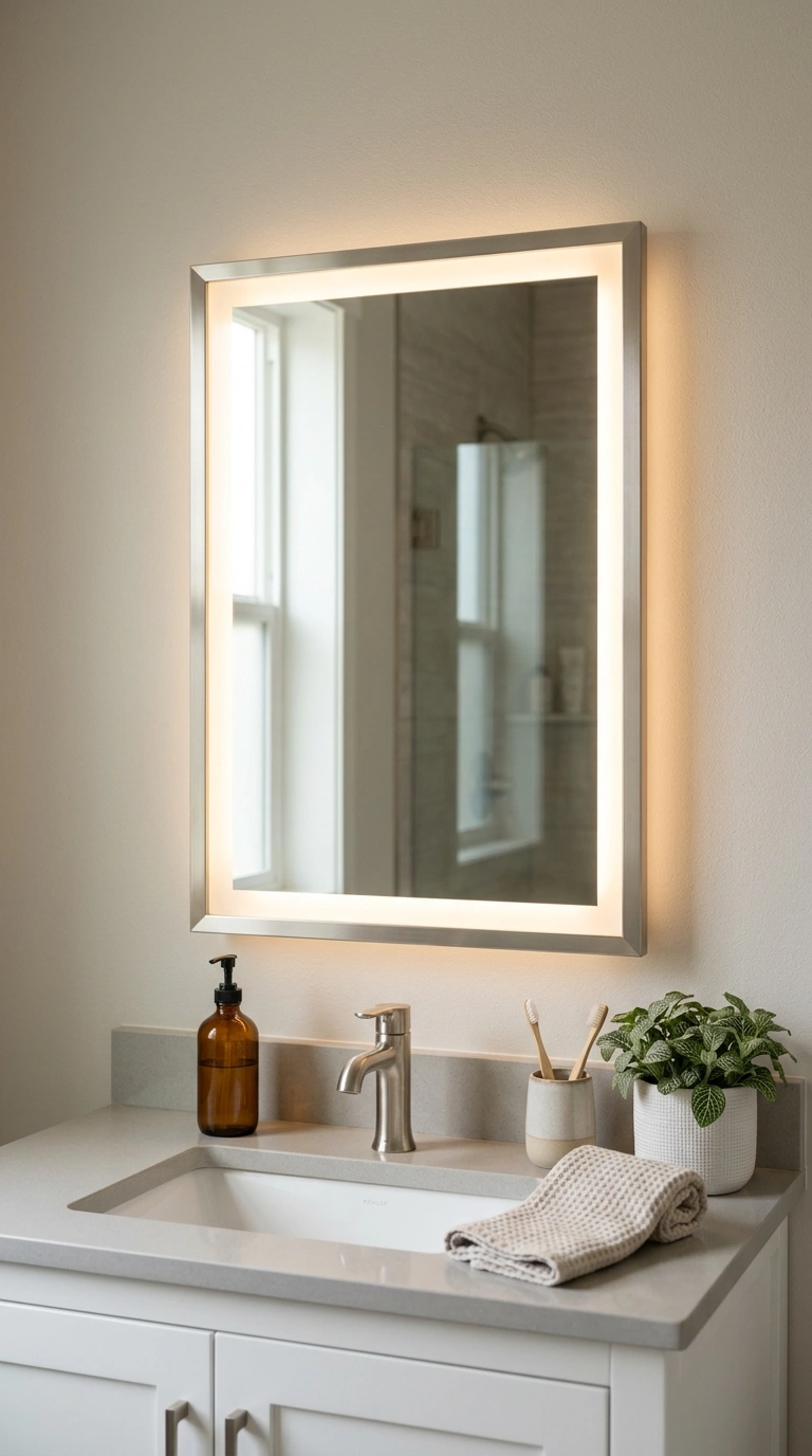 015 A bathroom vanity mirror in a slim brushed nickel