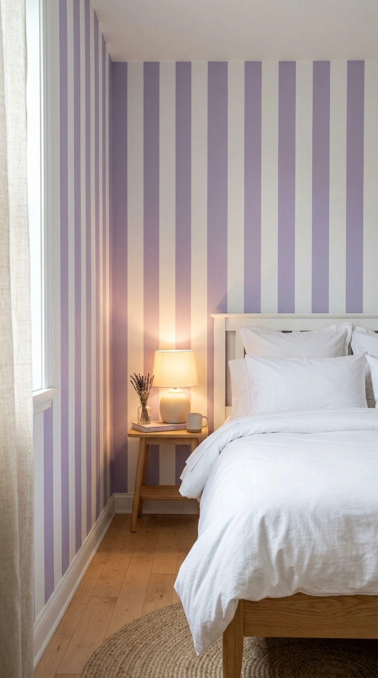 015 A bedroom wall painted in soft vertical lavender a