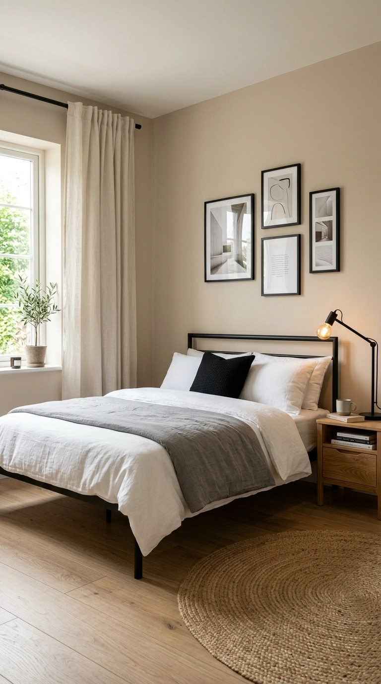 015 A crisp modern bedroom with almond walls a slim ma