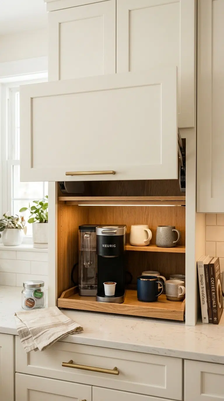 015 A kitchen cabinet with a lift up appliance garage