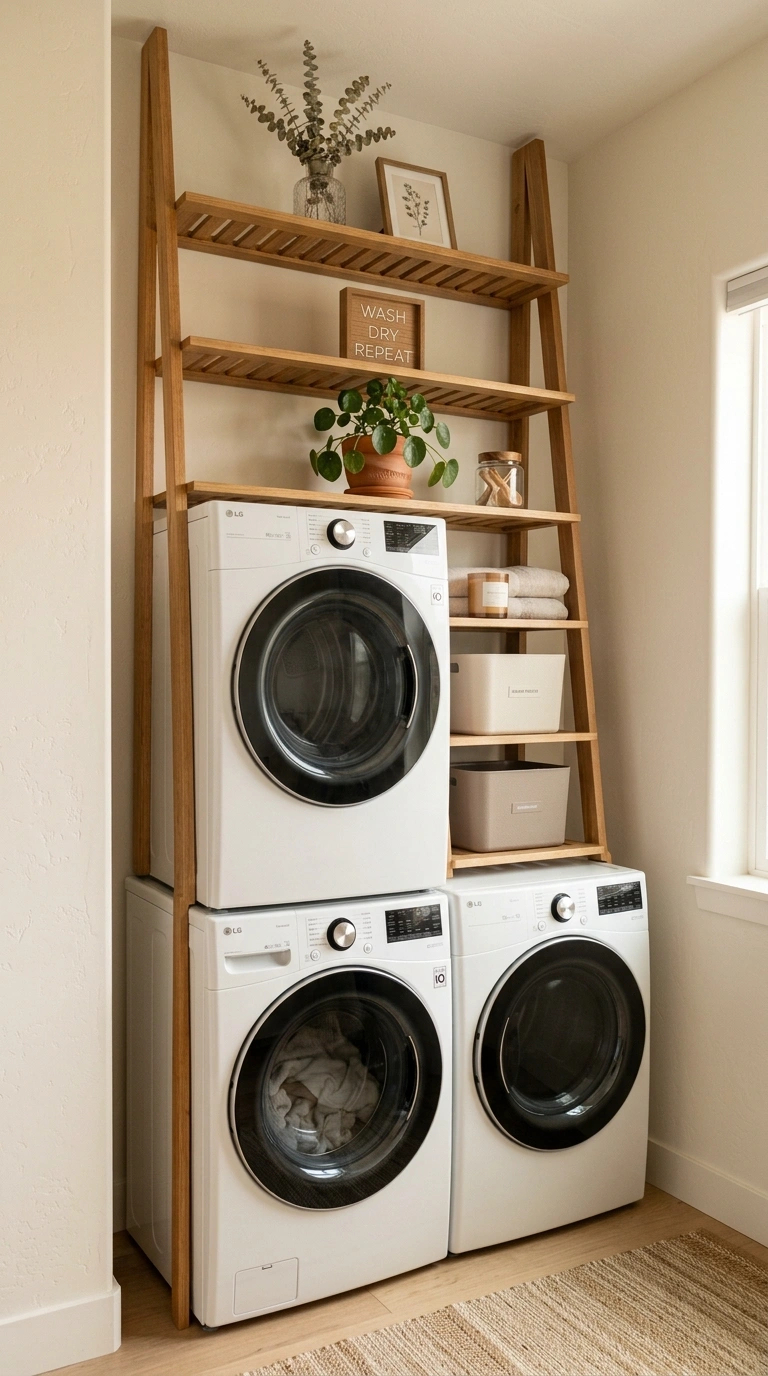 015 A ladder style shelving unit rising above a stacke
