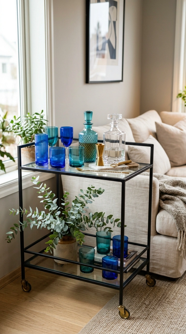 015 A slim black metal bar cart styled with cobalt and