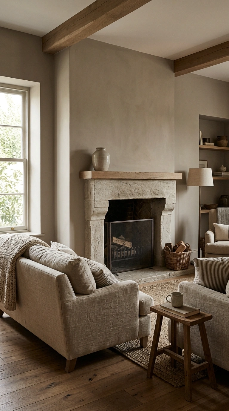 015 A taupe living room featuring a honed stone firepl