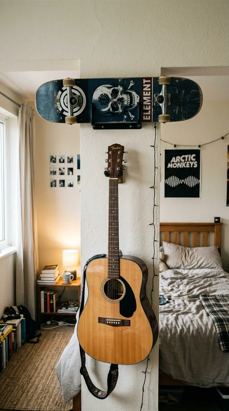 015 A teen bedroom wall displaying a mounted skateboar