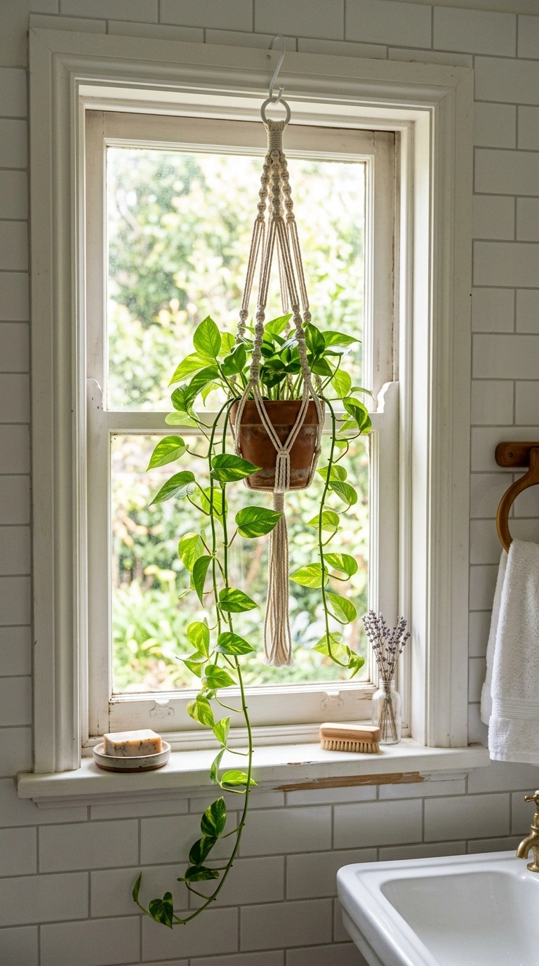 015 Hanging Bathroom Plant A bathroom window with a tr