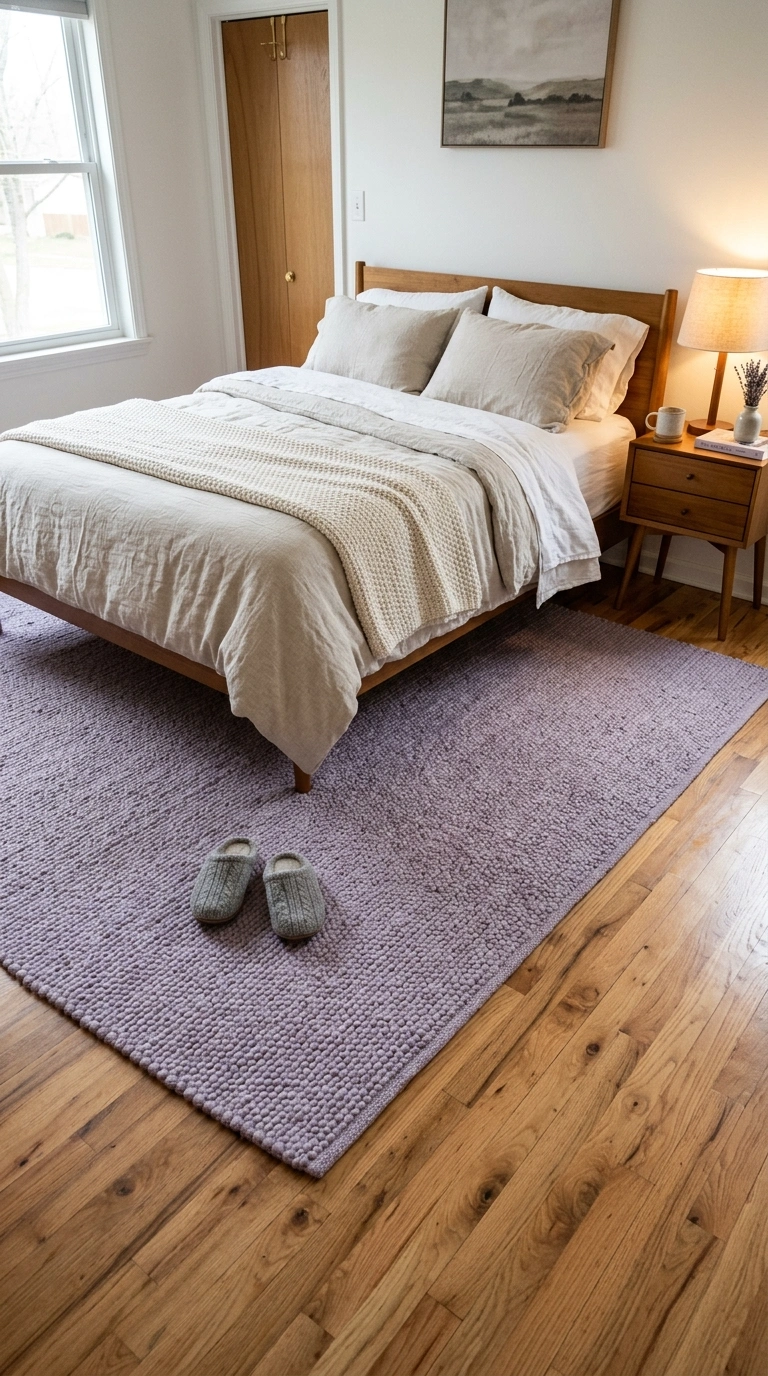 016 A bedroom floor with a lavender area rug properly