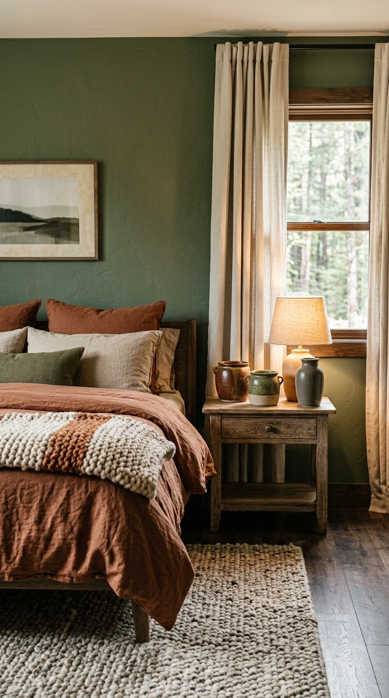 016 A cabin modern bedroom with moss green walls and r