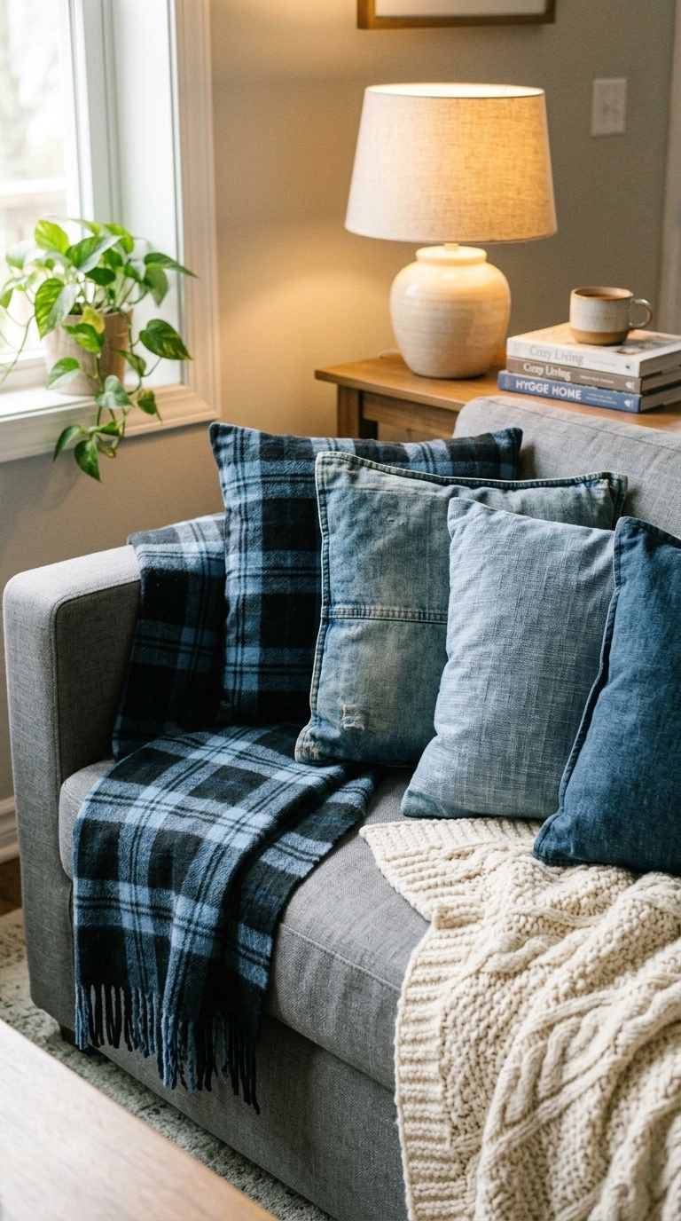 016 A cozy sofa layered with a black and blue plaid th