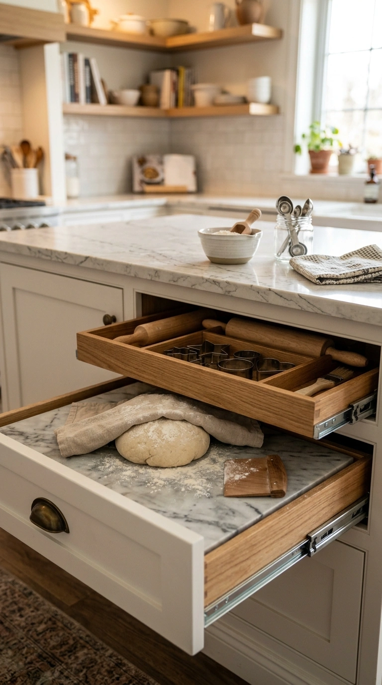 016 A deep island baking drawer open to show a cool ma