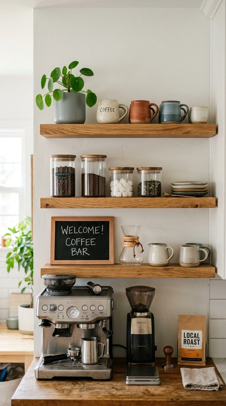 016 A home coffee bar with open wood shelves above hol