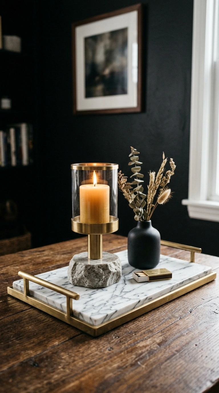 016 A living room vignette pairing marble and brass a