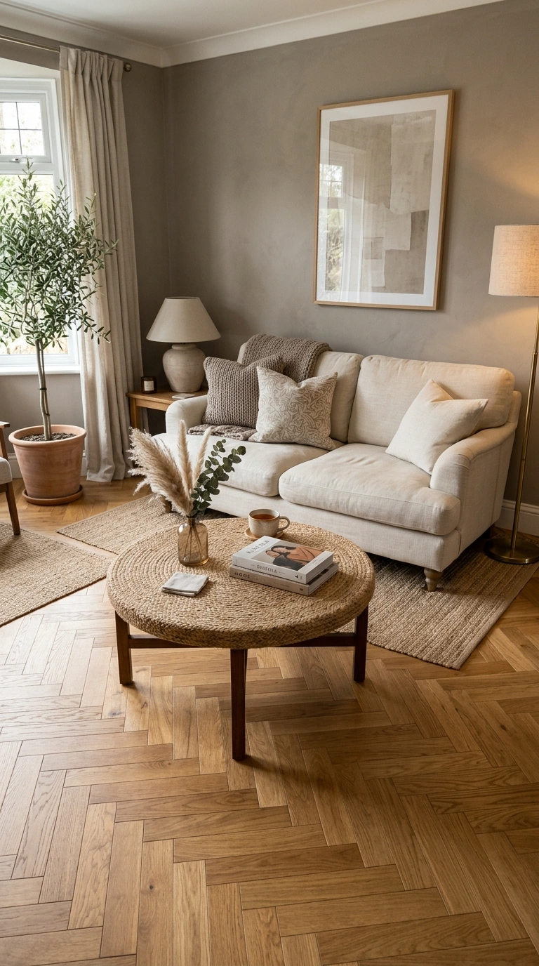 016 A taupe living room with warm honey toned herringb