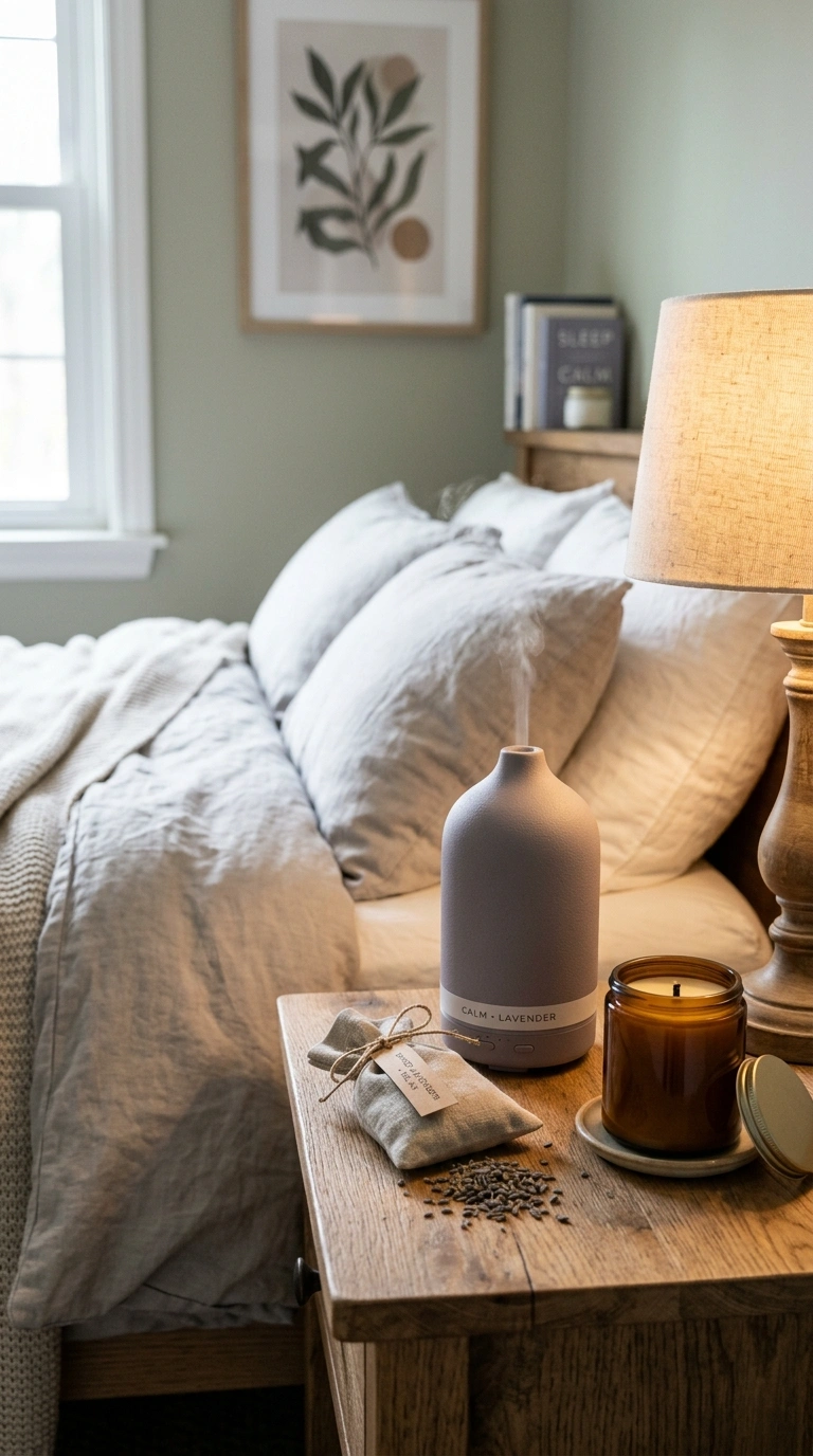 017 A bedroom nightstand styled with a lavender essent