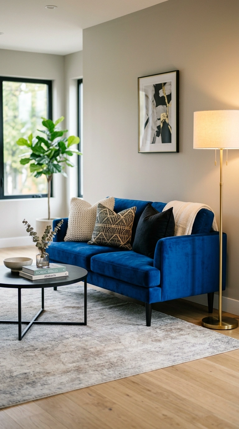 017 A bold cobalt blue statement sofa on slim black ta