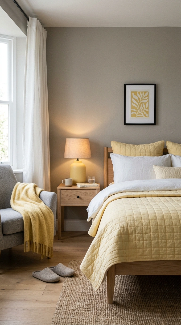 017 A cheerful minimal bedroom with warm gray walls a