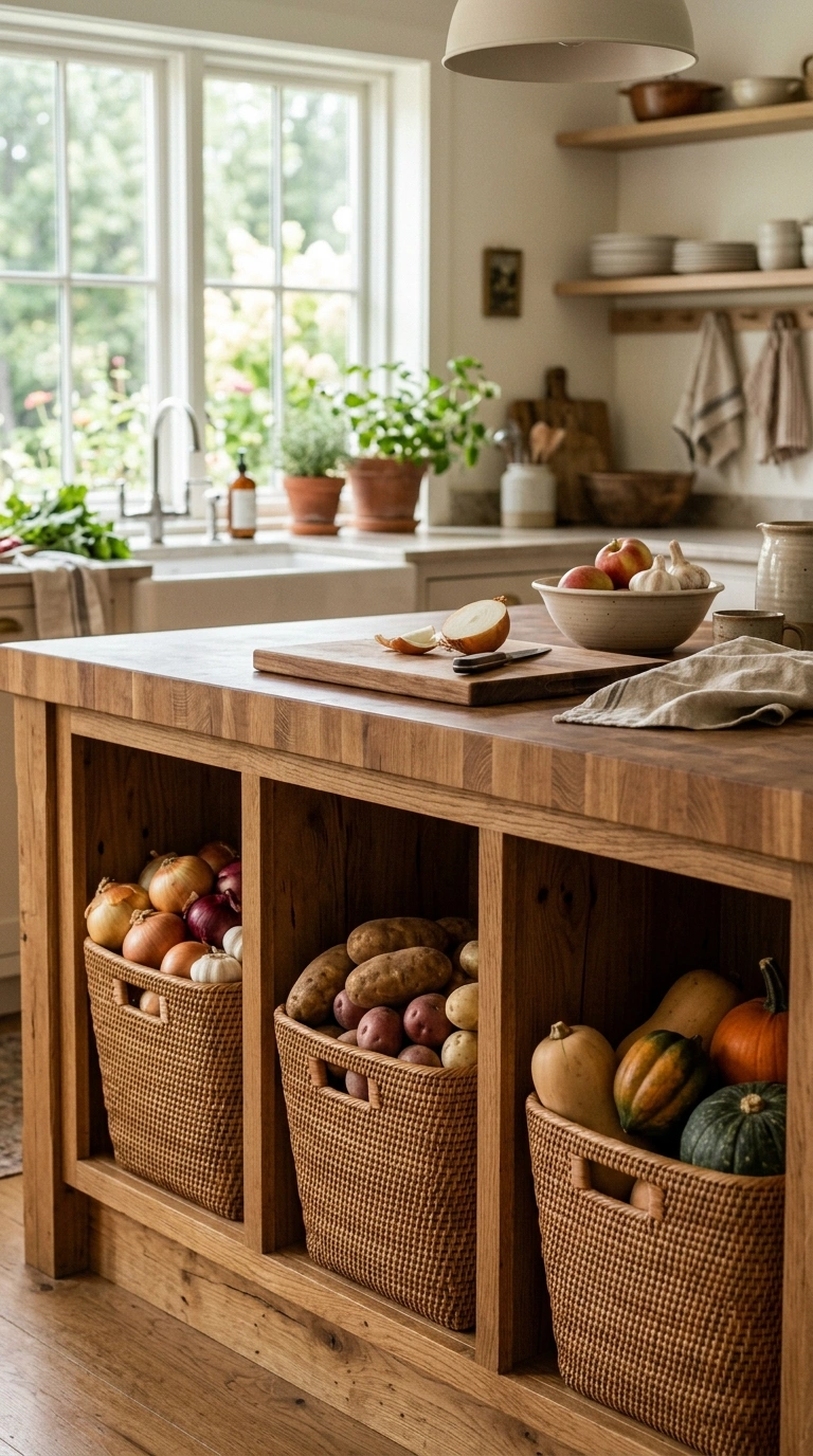 017 A kitchen island with a row of open oak cubbies ho
