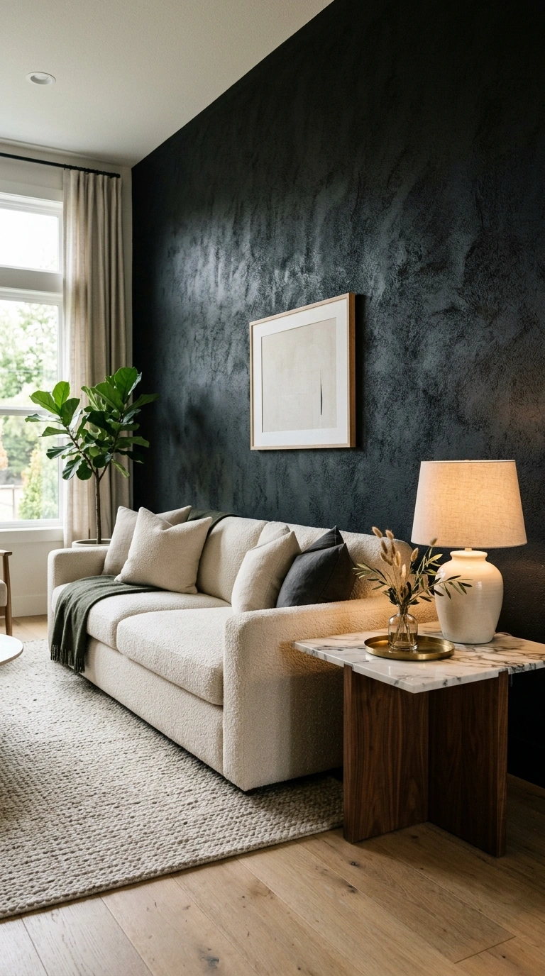 017 A living room with a textured black plaster accent