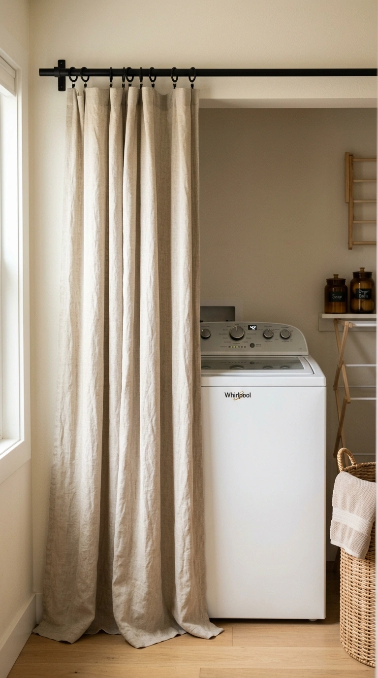 017 A natural warm oatmeal linen curtain hung on a mat