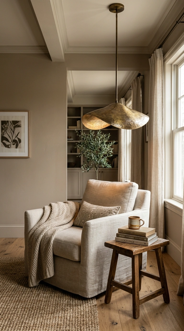 017 A sculptural aged brass pendant light hanging off