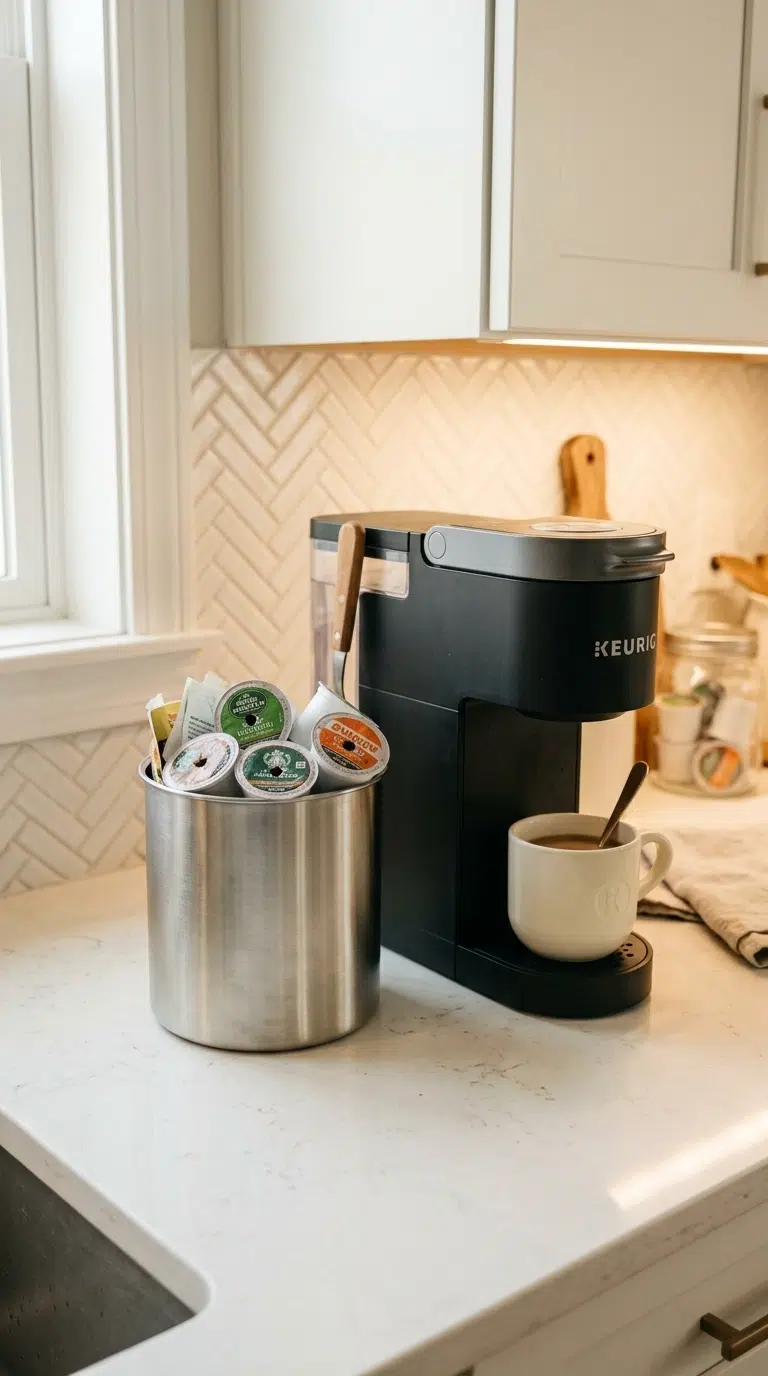 017 A small stainless steel trash bin beside a Keurig