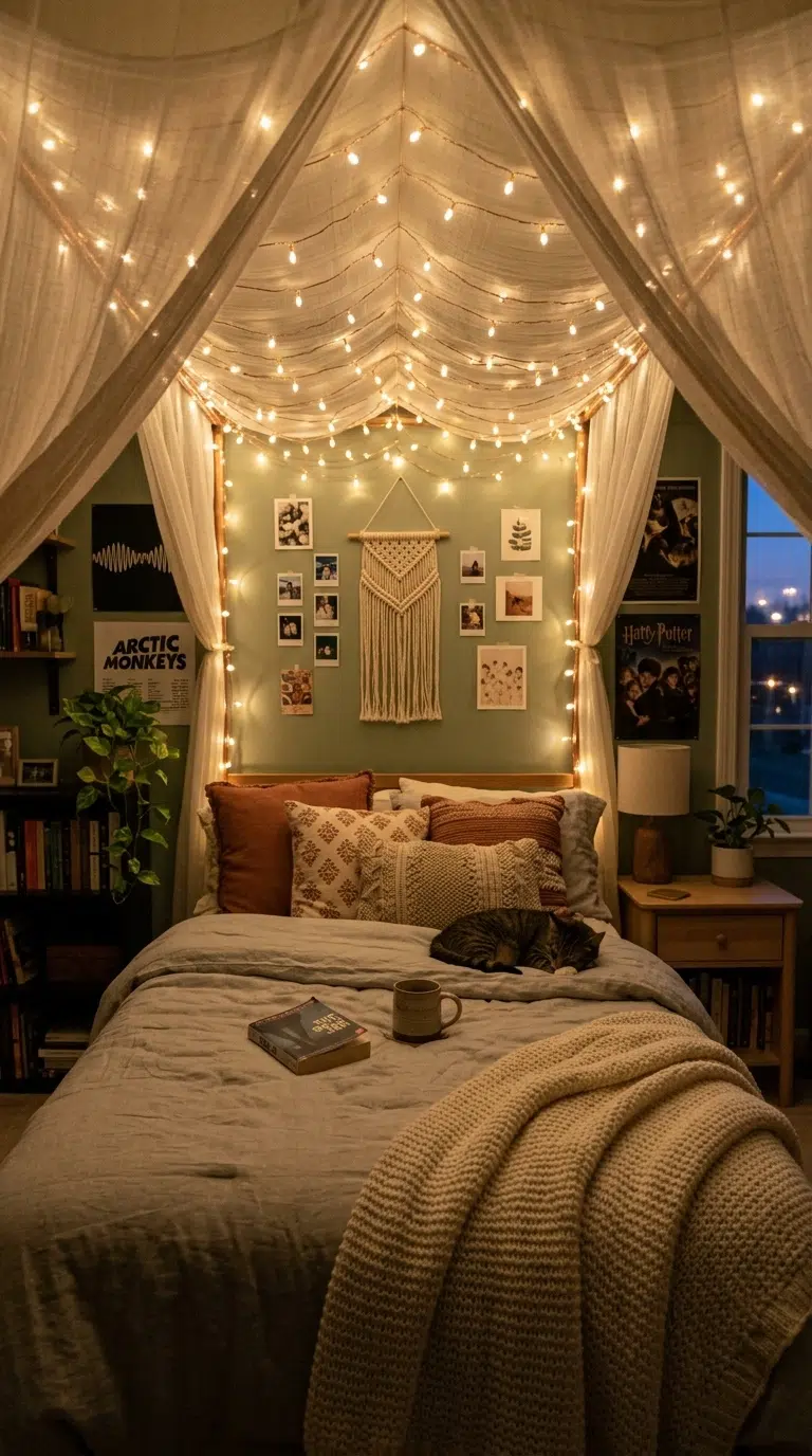 017 A teen bedroom bed with a warm string light canopy