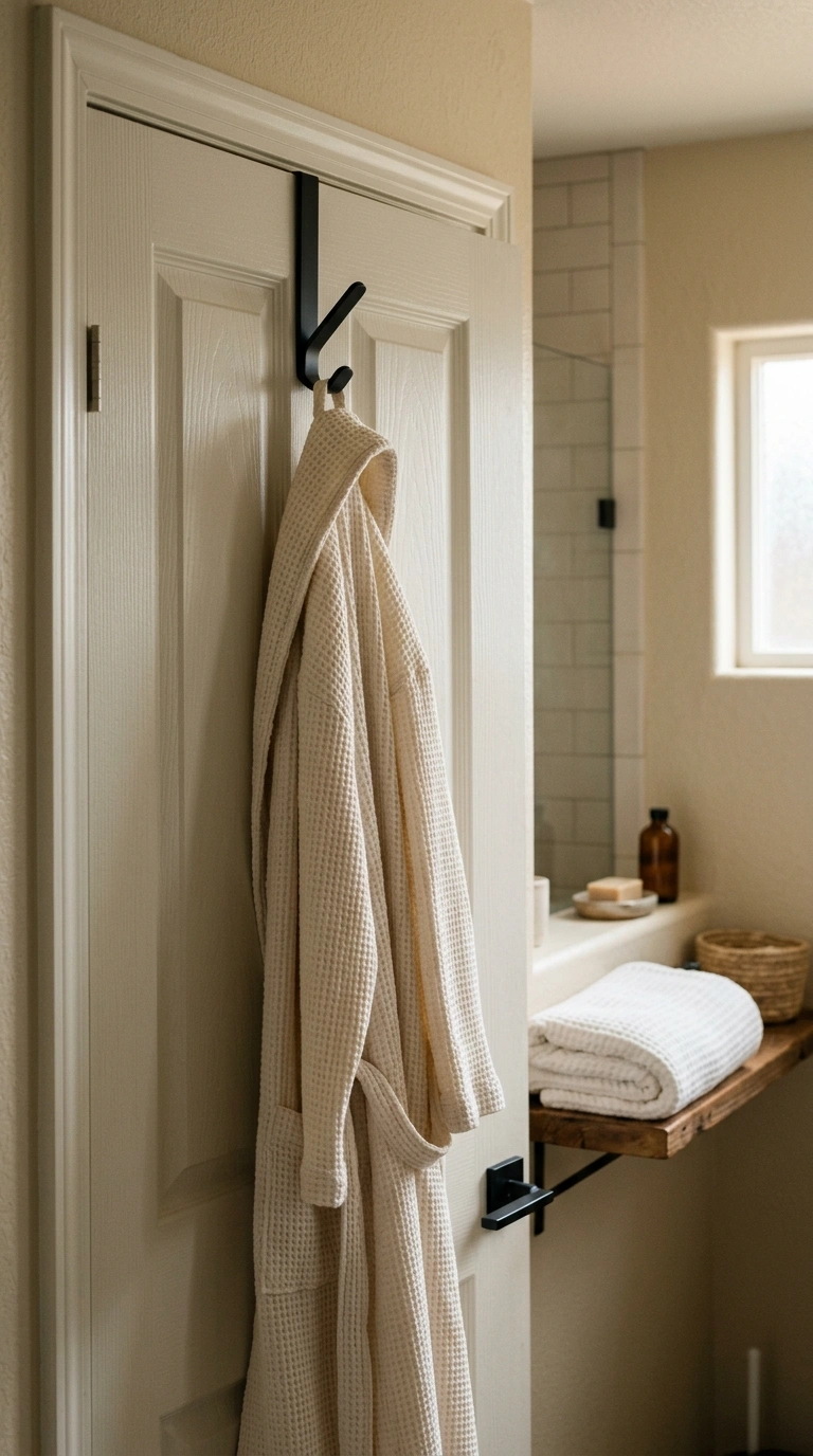 018 A bathroom door holding a matte black hook with a