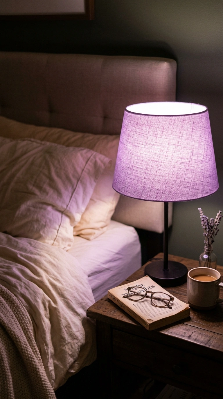 018 A bedroom nightstand lamp with a lavender fabric s