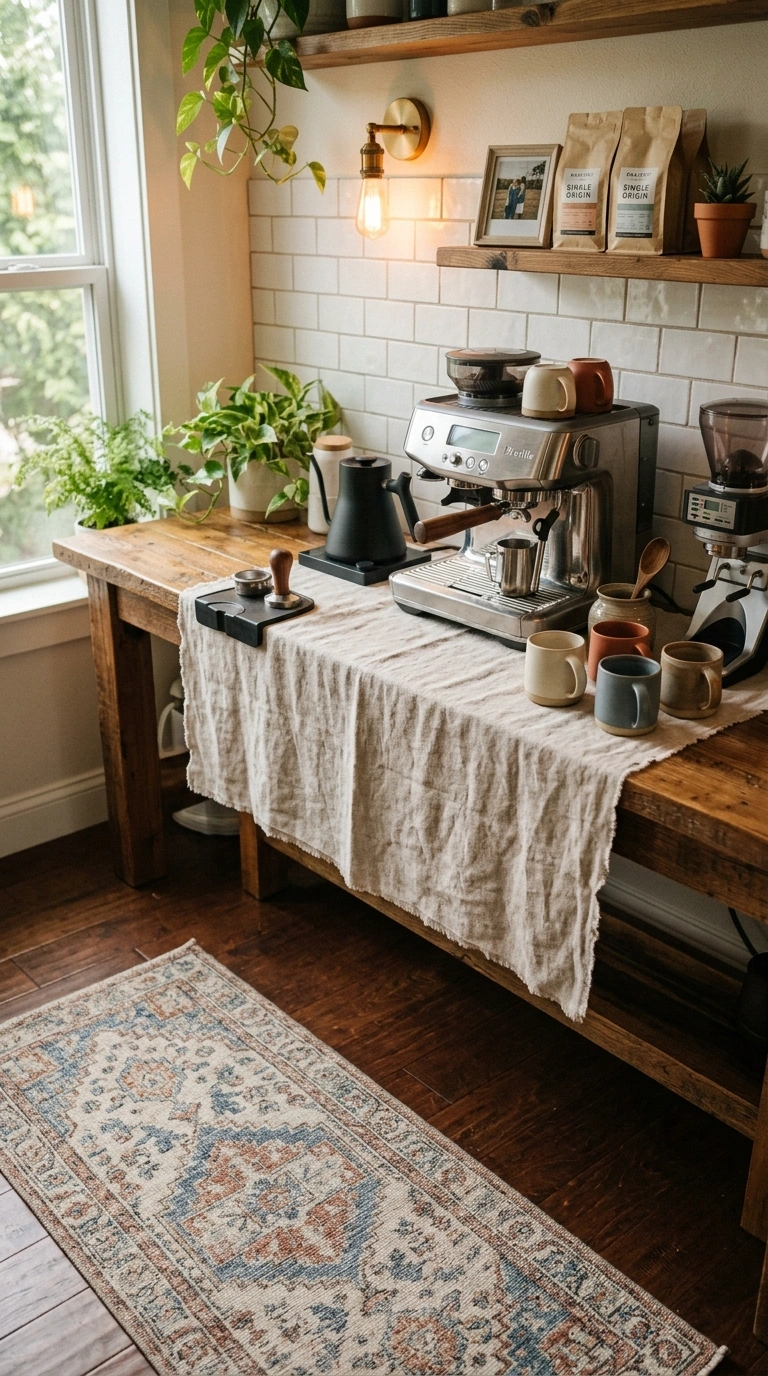 018 A home coffee bar with a soft linen runner under t