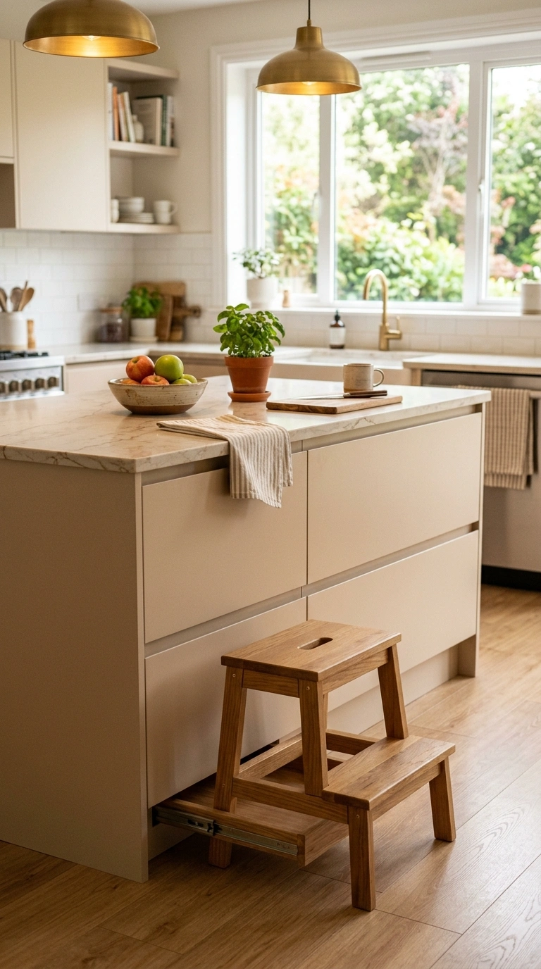 018 A kitchen island with a low slide out step stool p