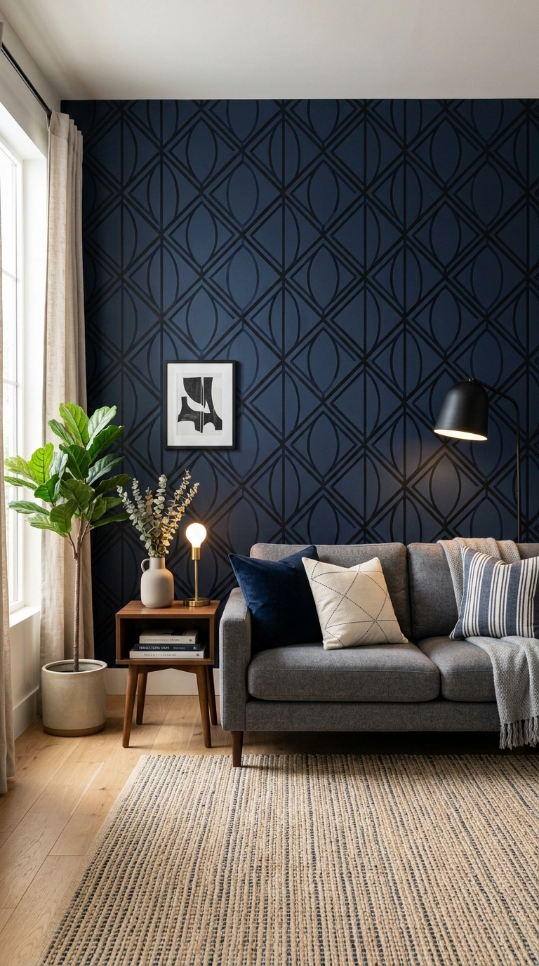 018 A living room accent wall in navy and black geomet