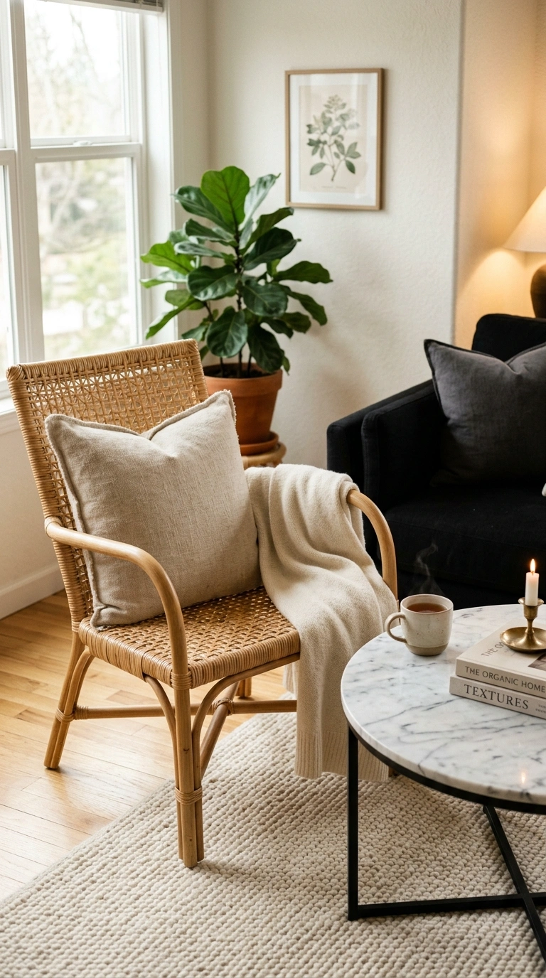 018 A living room with a rattan cane accent chair and