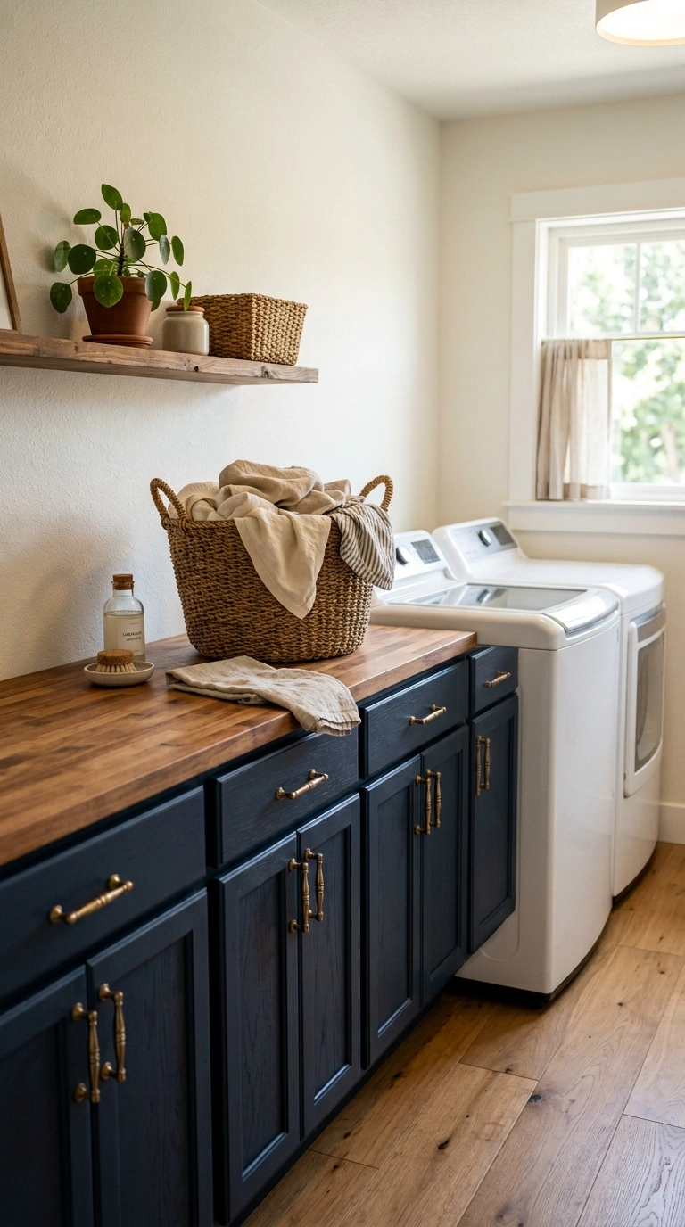 018 A low run of deep navy Shaker cabinets with a warm