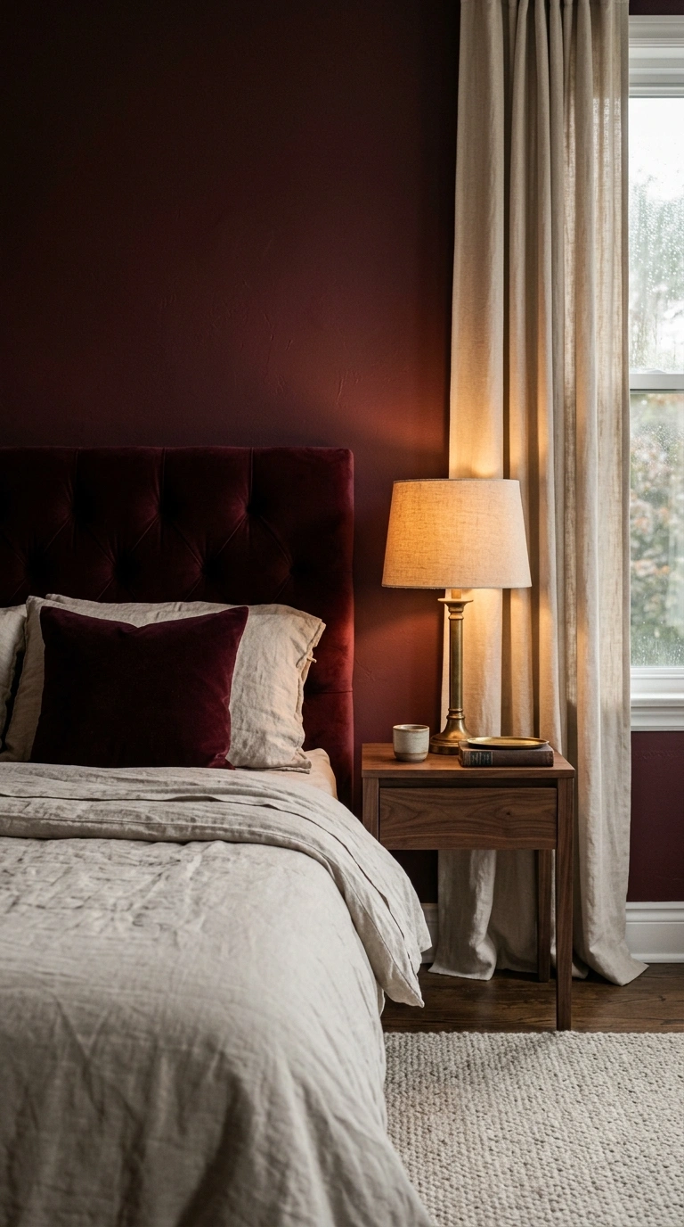 018 A moody bedroom with a burgundy velvet headboard a