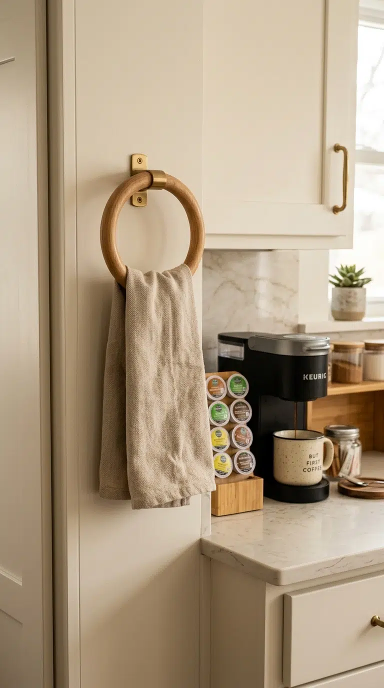 018 A small wood towel ring mounted on the side of a c