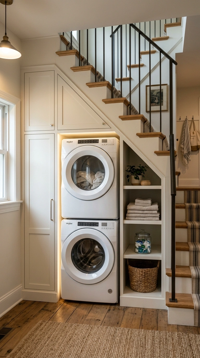018 A stacked washer and dryer tucked into a custom bu