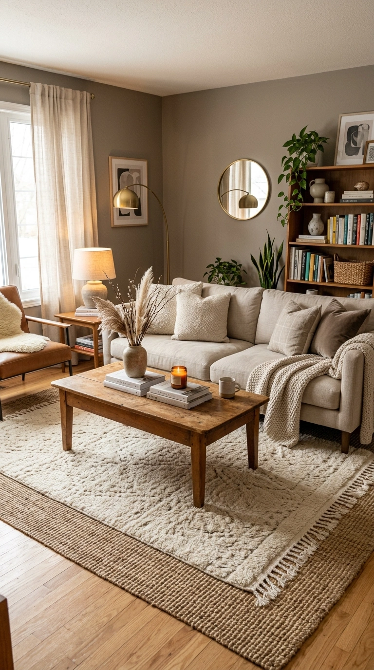 018 A taupe living room with a natural jute rug layere