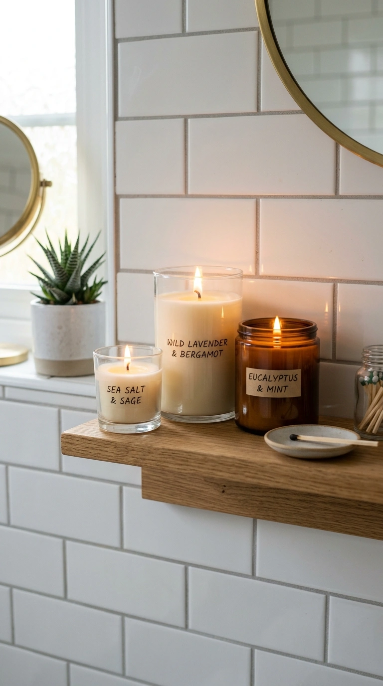 018 Candle Display Shelf A small bathroom shelf holdin