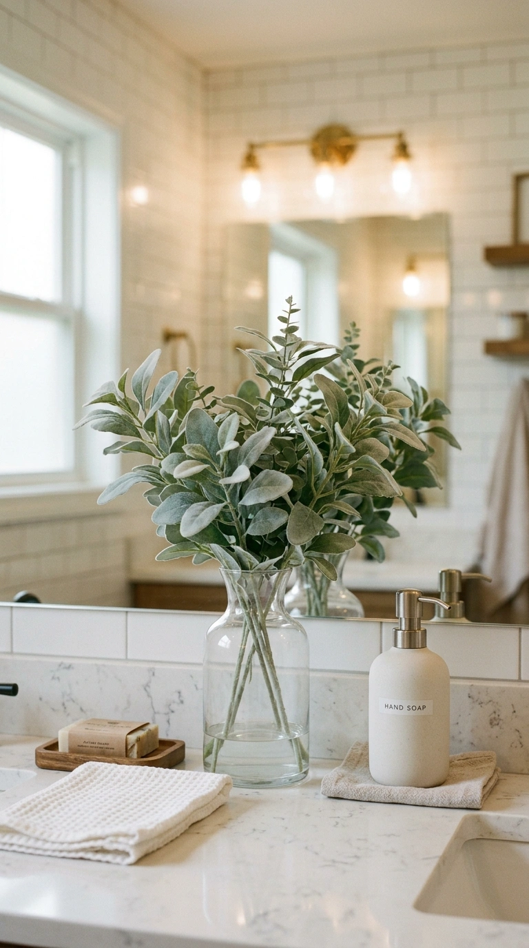 019 A bathroom counter holding a simple glass vase fil