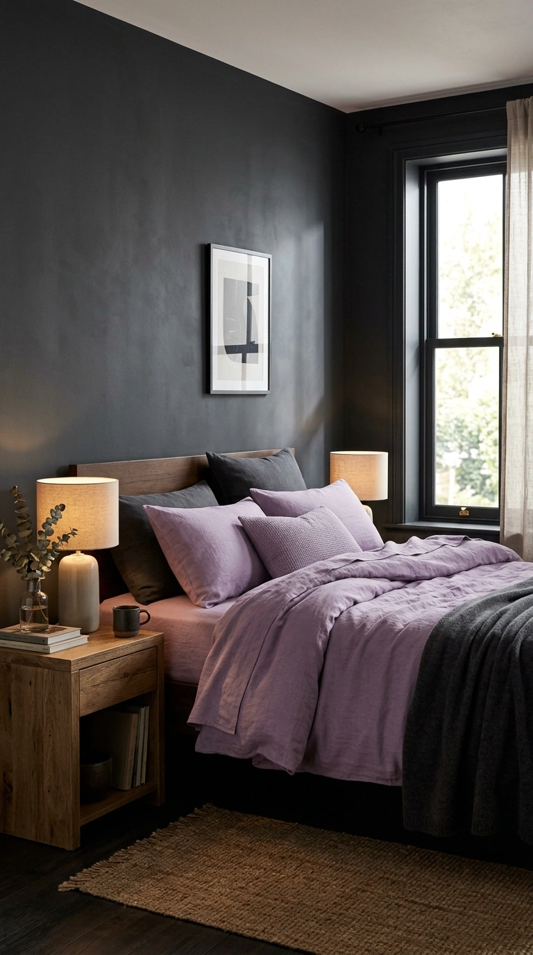 019 A bedroom with a deep charcoal accent wall and lav