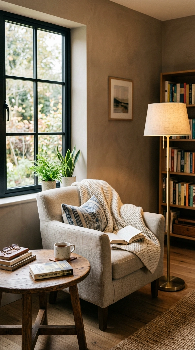 019 A cozy reading nook in the corner of a taupe livin